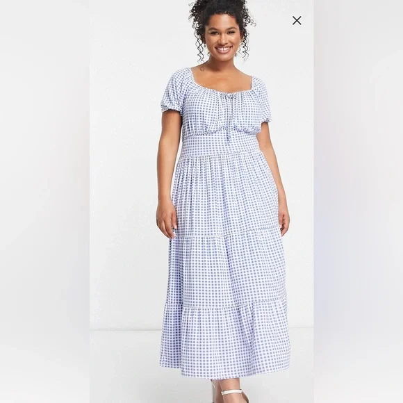 In The Style Plus x Stacey Solomon sweetheart neck tiered midi dress In blue gingham print-Multi
